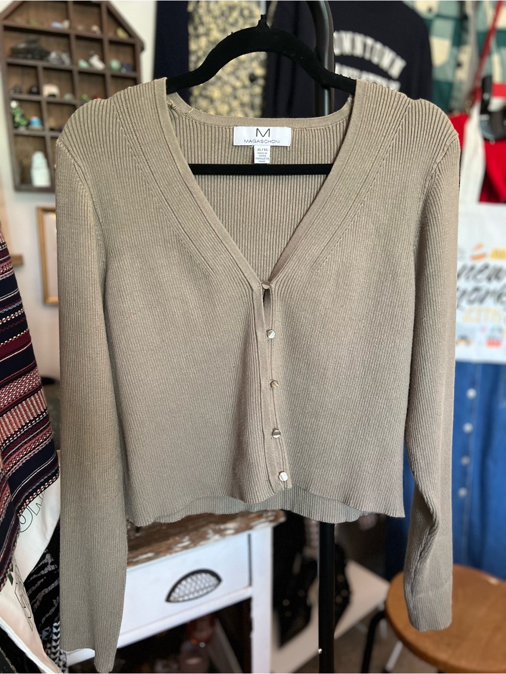 Magaschoni Taupe Ribbed Button Cardigan XL - Picture 2 of 6